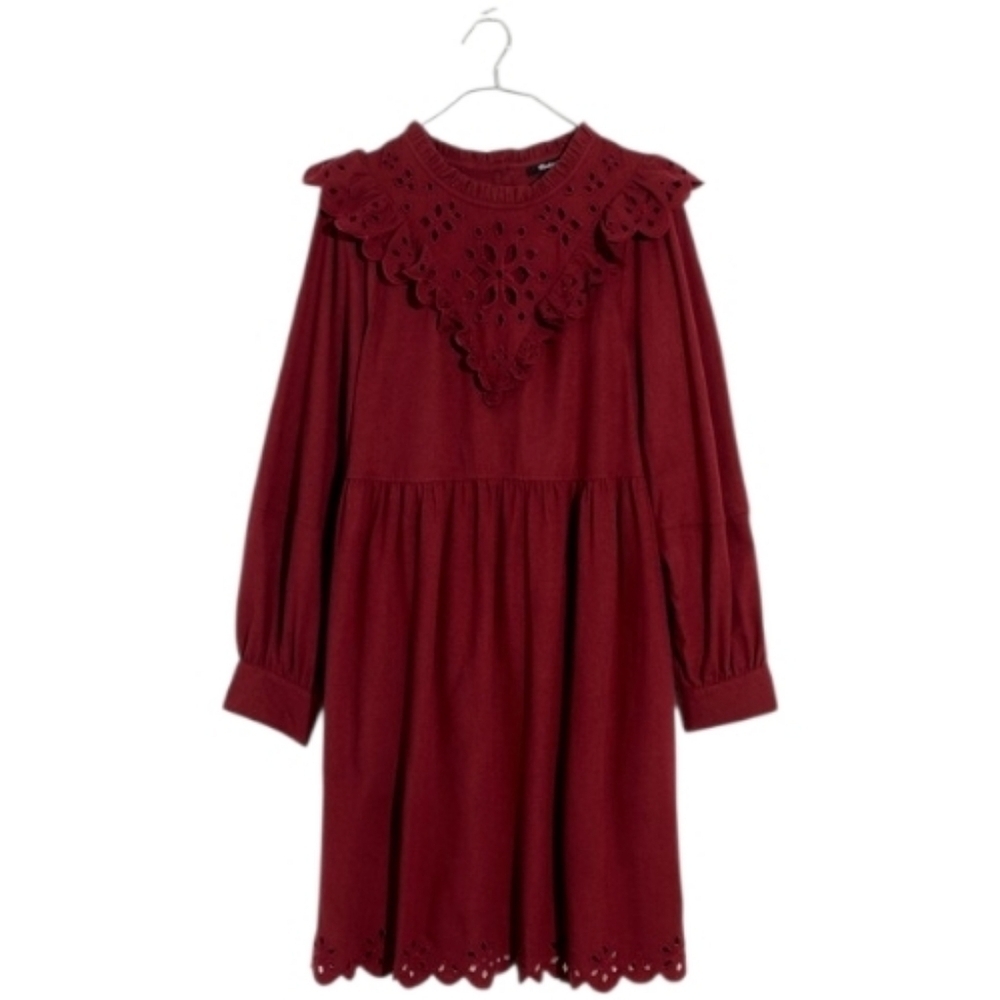 Madewell Embroidered Ruffled Flannel Mini Dress In Vintage Mulberry. Cottagecore - Picture 6 of 14